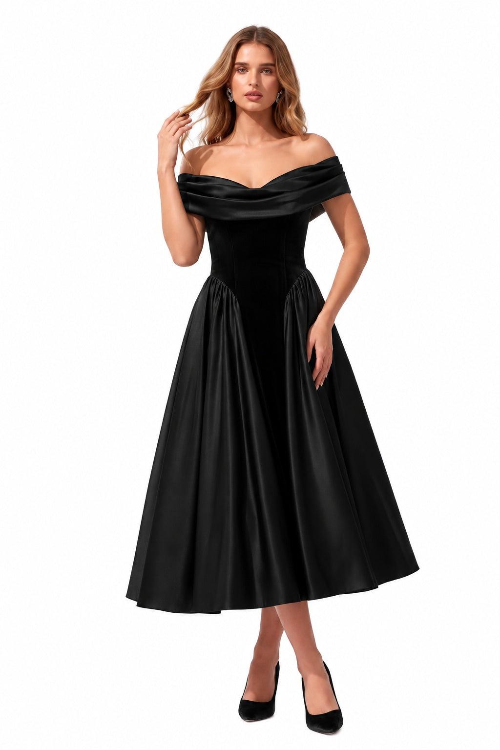 A-Line Tea Length Satin Velvet Special Occasion Dress CS1102 - Black - COCOMELODY